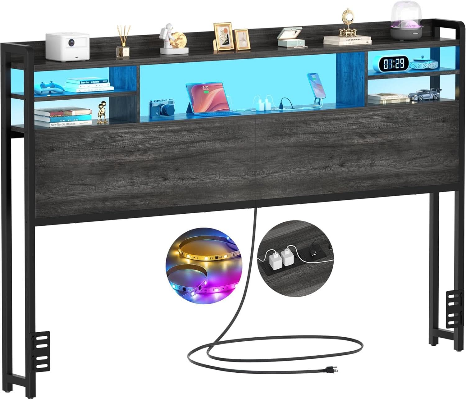 Modern Queen Size Headboard with Storage and USB Ports