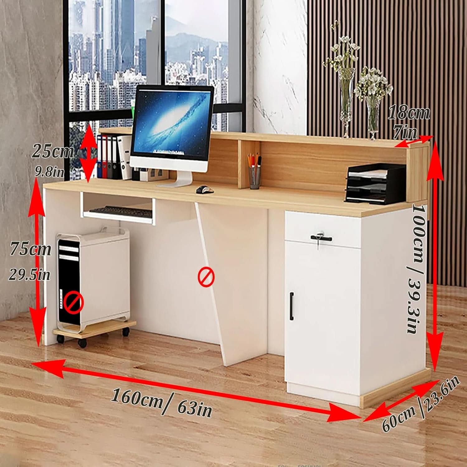 Modern Reception Desk with Lockable Drawer and LED Light