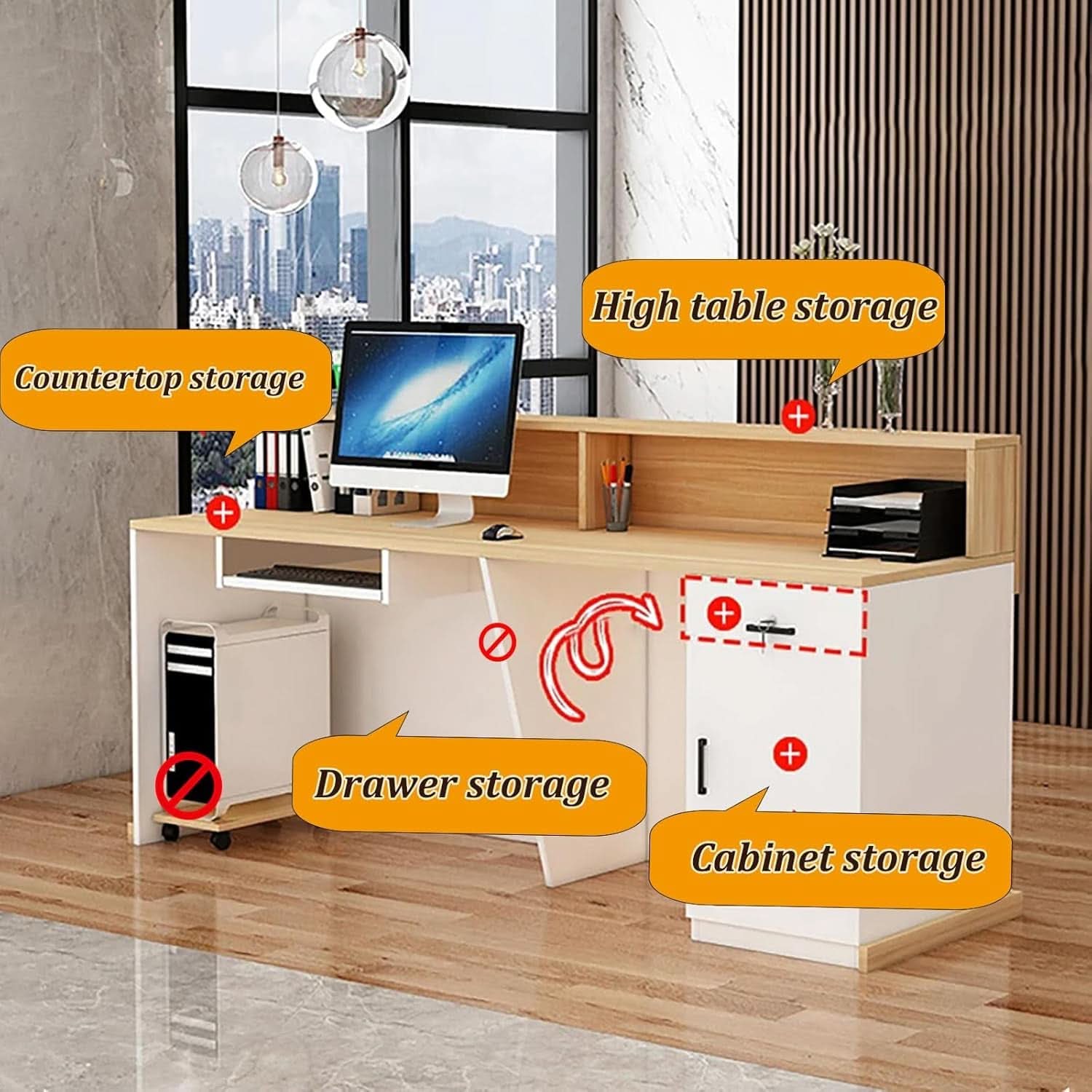 Modern Reception Desk with Lockable Drawer and LED Light