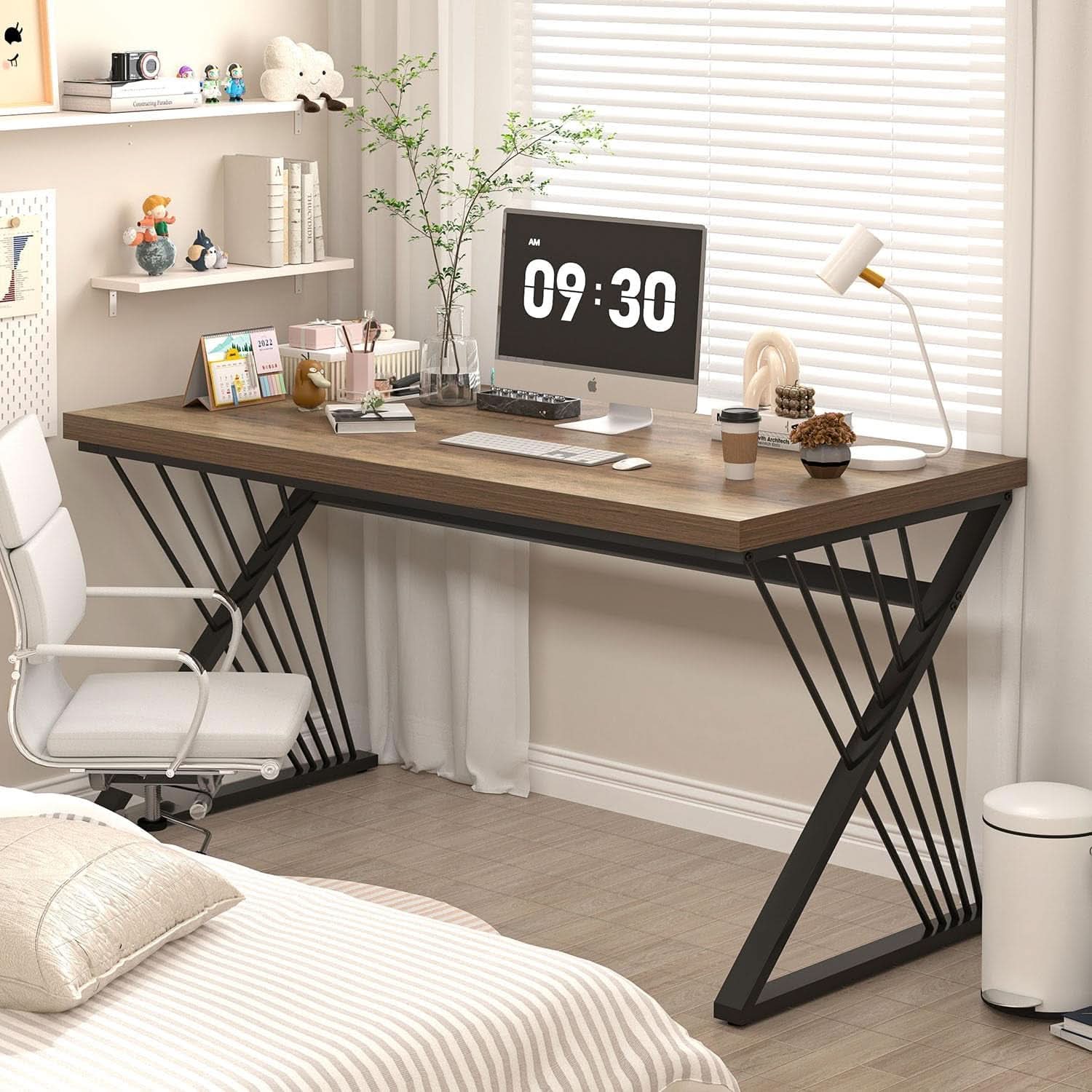 Modern Rustic Oak Computer Desk with Sturdy Metal Frame