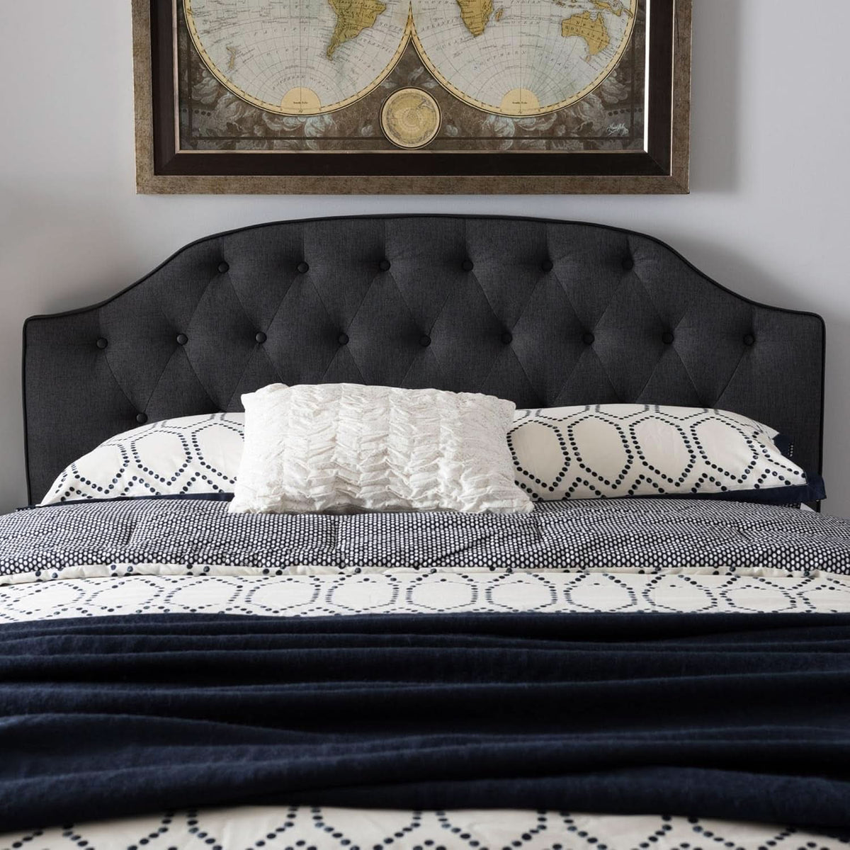 Modern Scalloped Upholstered Headboard Queen Dark Grey