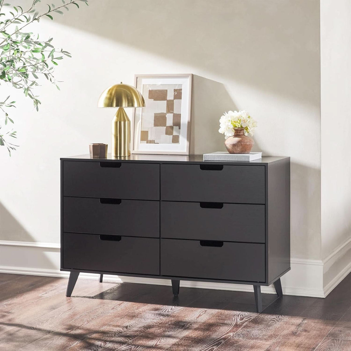 Modern Six Drawer Dresser Black 52 Inch Bedroom Storage