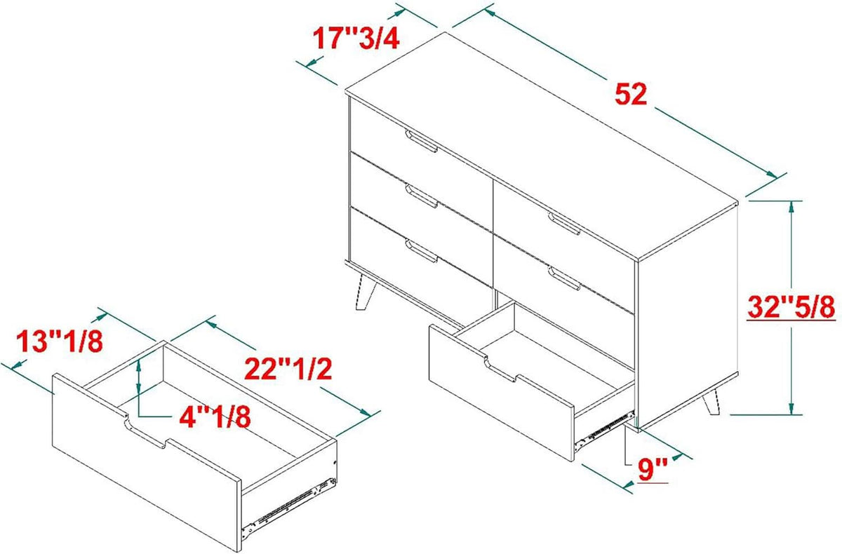 Modern Six Drawer Dresser Black 52 Inch Bedroom Storage
