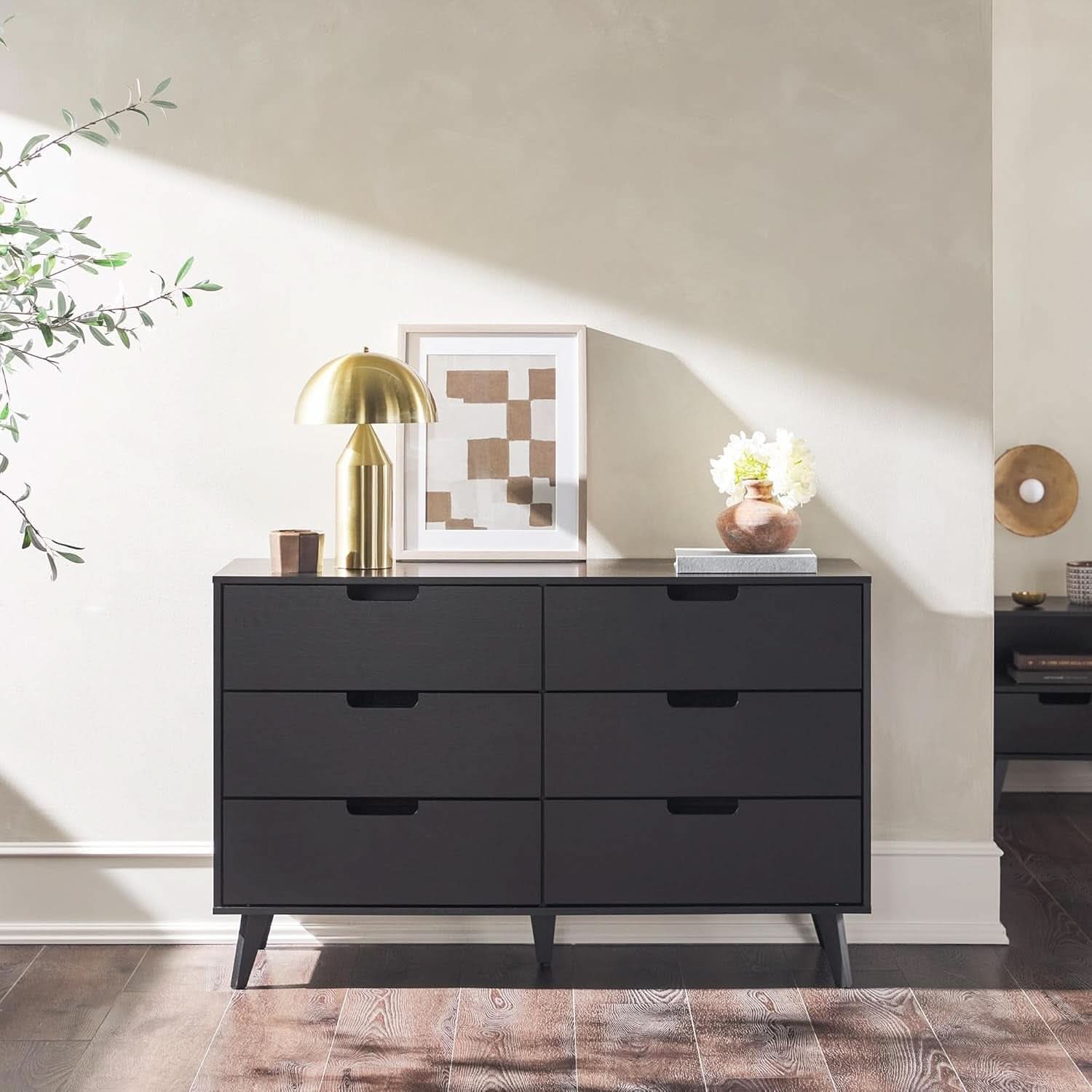 Modern Six Drawer Dresser Black 52 Inch Bedroom Storage