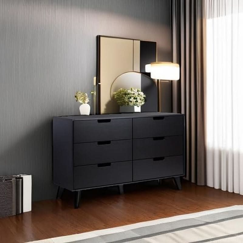 Modern Six Drawer Dresser Black 52 Inch Bedroom Storage