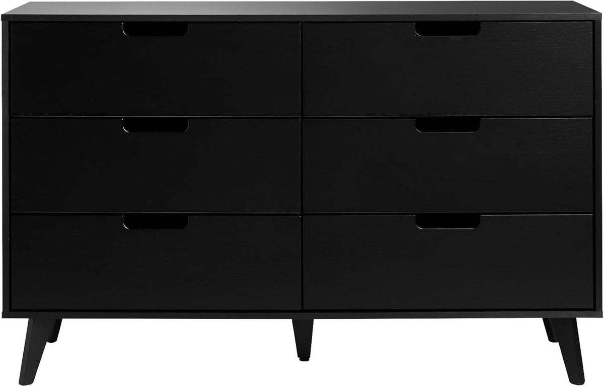 Modern Six Drawer Dresser Black 52 Inch Bedroom Storage