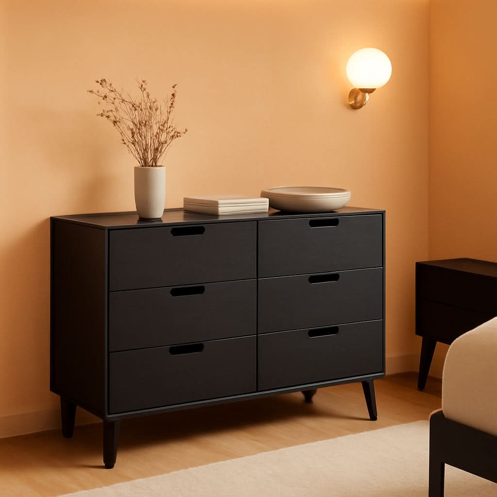 Modern Six Drawer Dresser Black 52 Inch Bedroom Storage