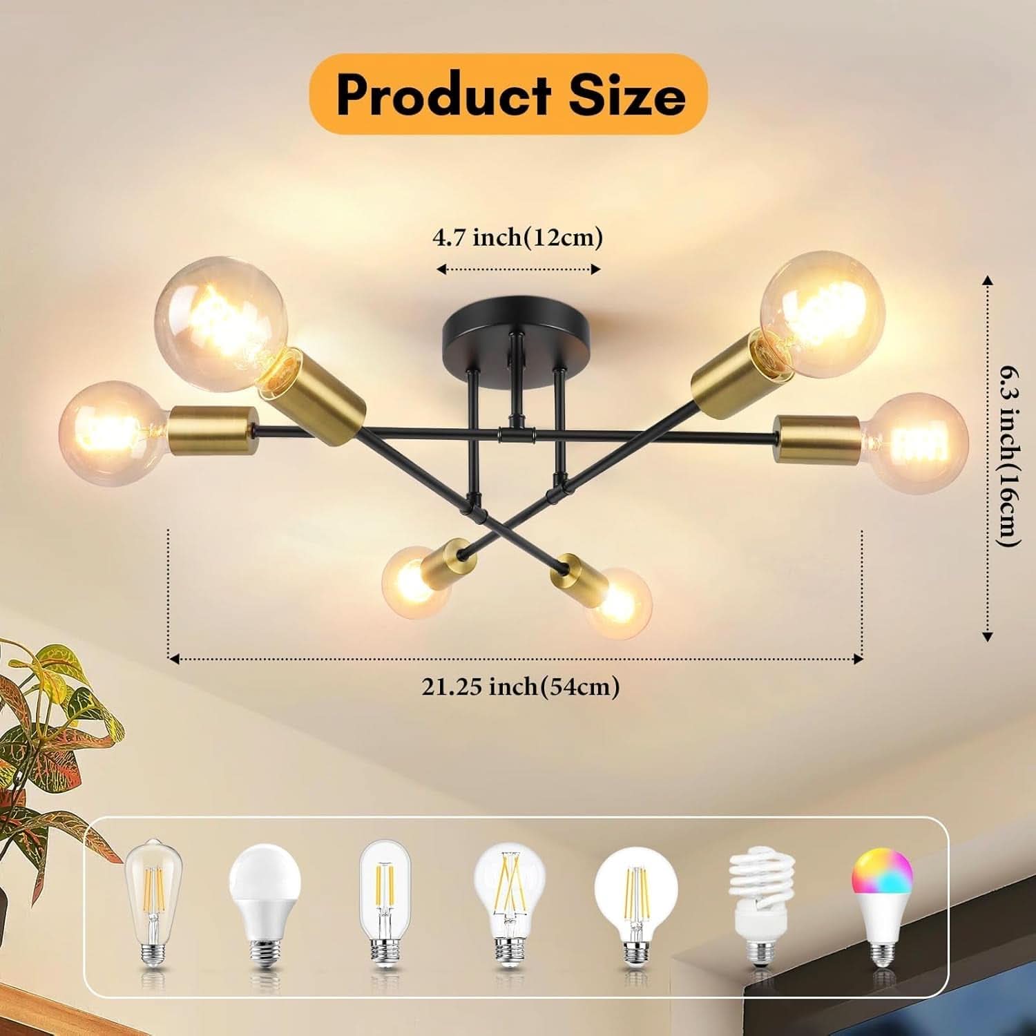 Modern Sputnik Chandelier 6 Light Black Gold Flush Mount