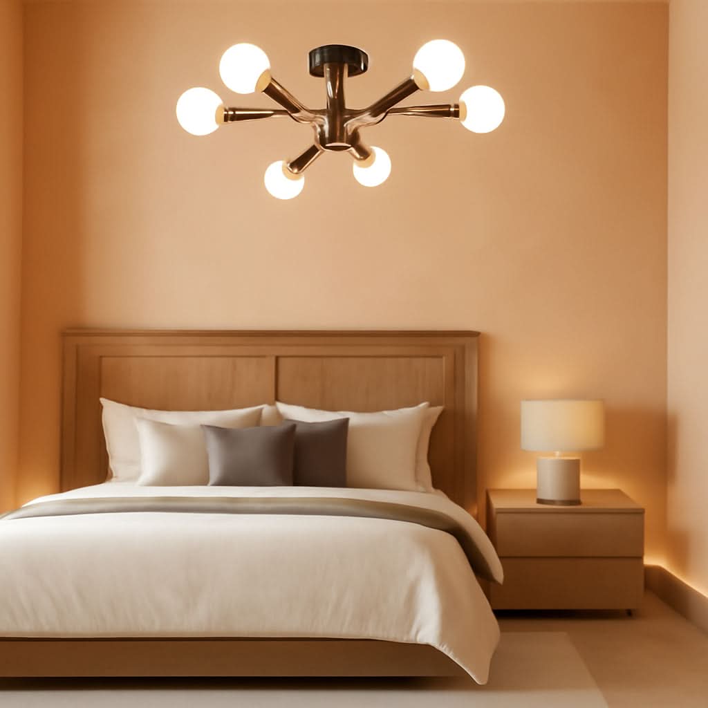 Modern Sputnik Chandelier 6 Light Black Gold Flush Mount