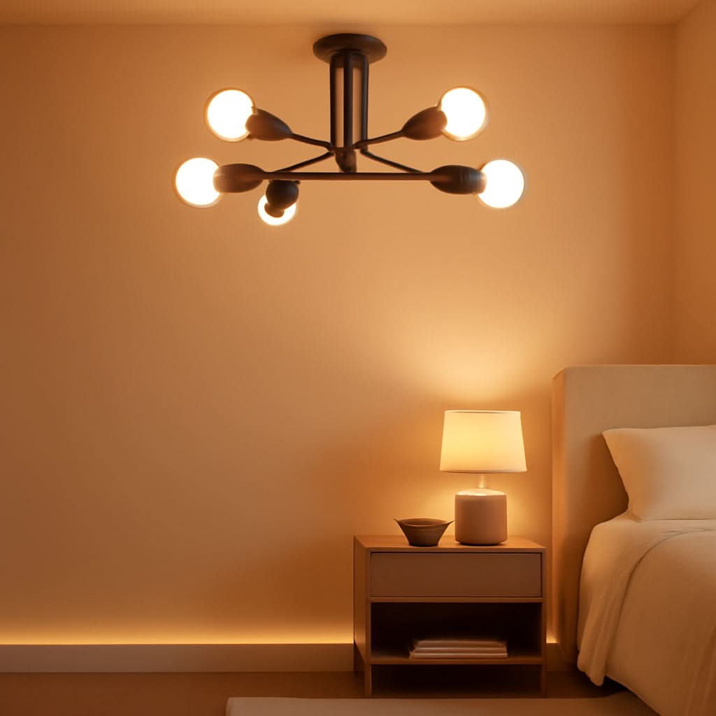 Modern Sputnik Chandelier Six Light Ceiling Fixture With Six LED Bulbs Black