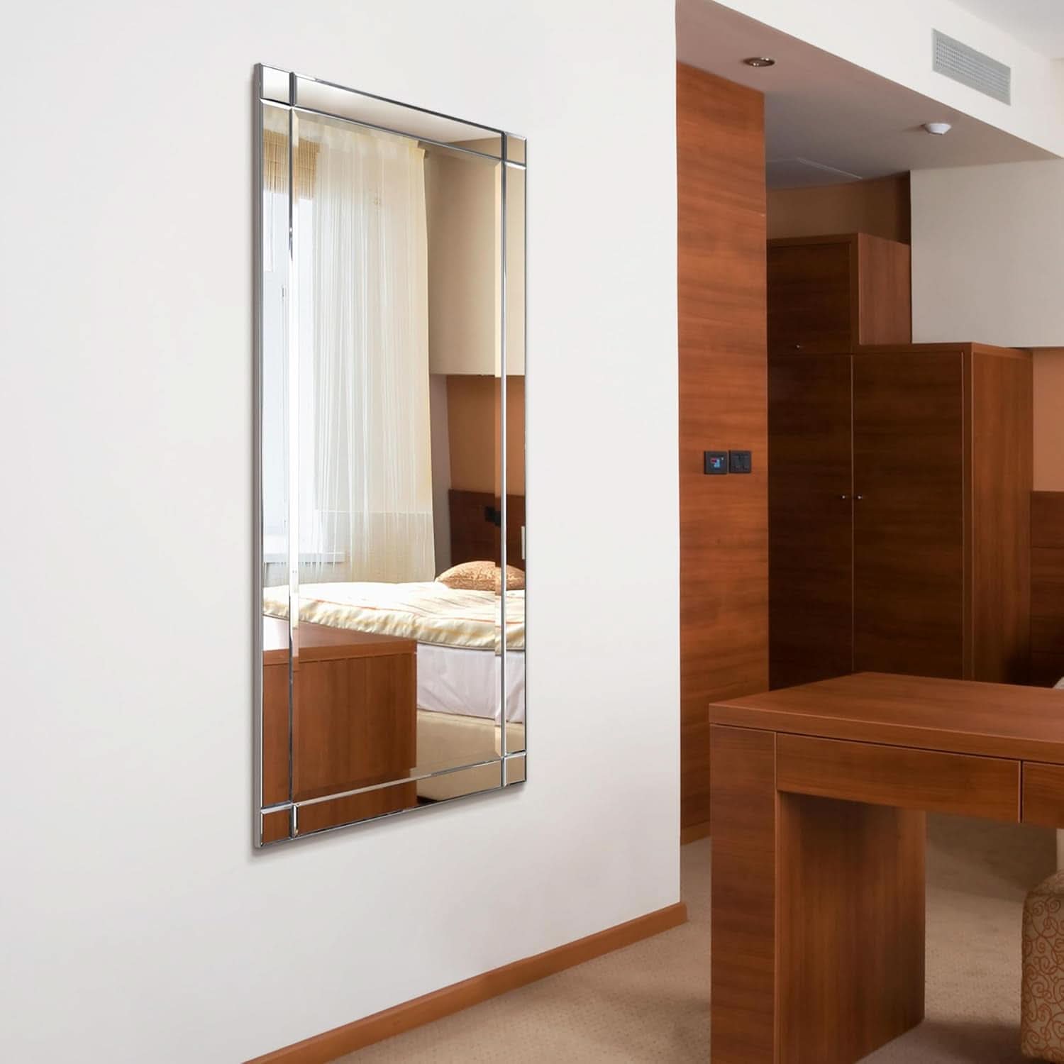 Modern Squared Corner Rectangle Wood Wall Mirror 24 x 54