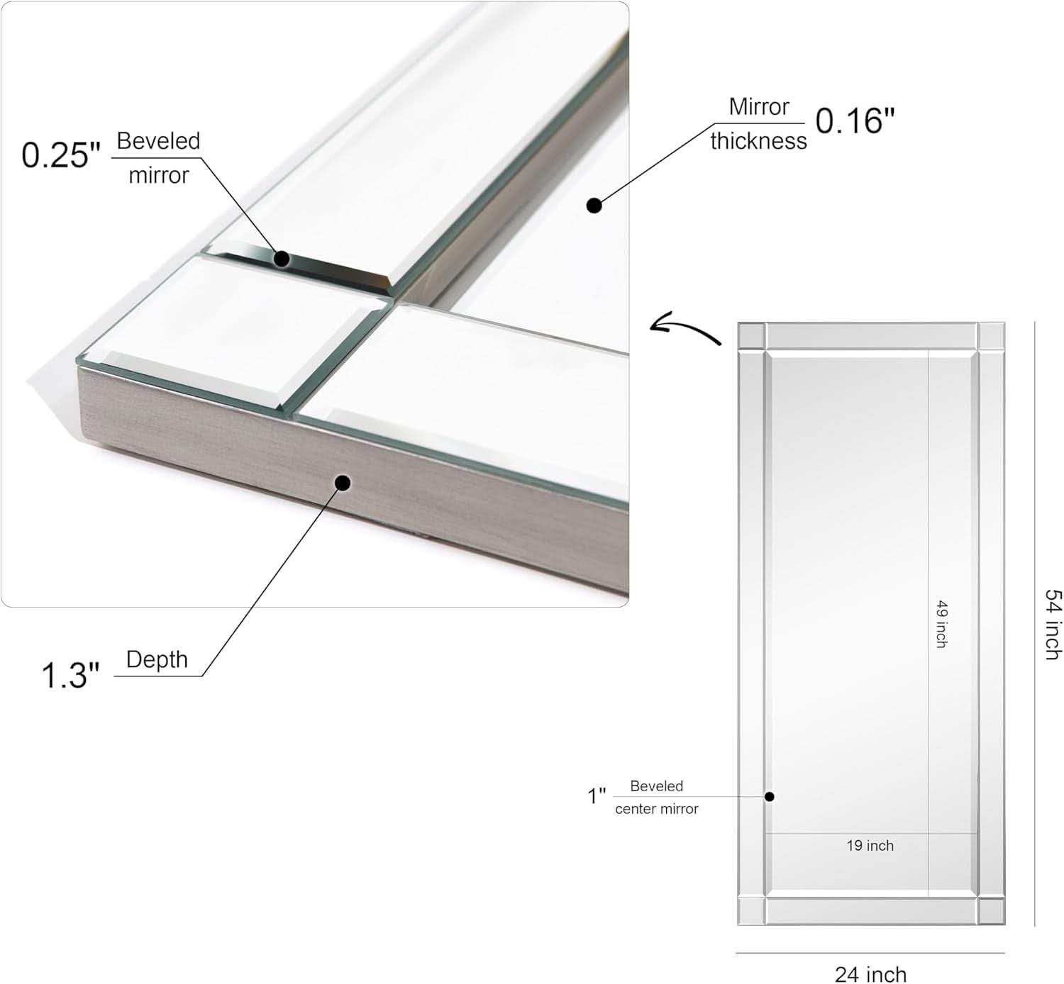 Modern Squared Corner Rectangle Wood Wall Mirror 24 x 54