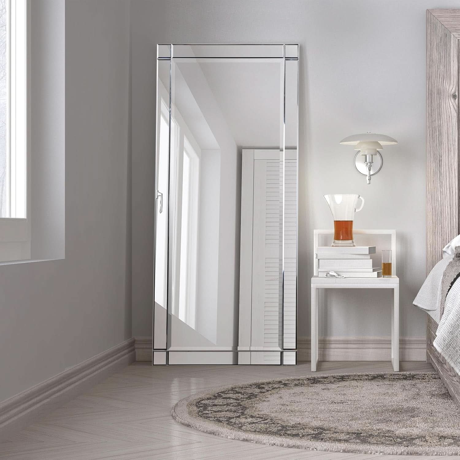 Modern Squared Corner Rectangle Wood Wall Mirror 24 x 54