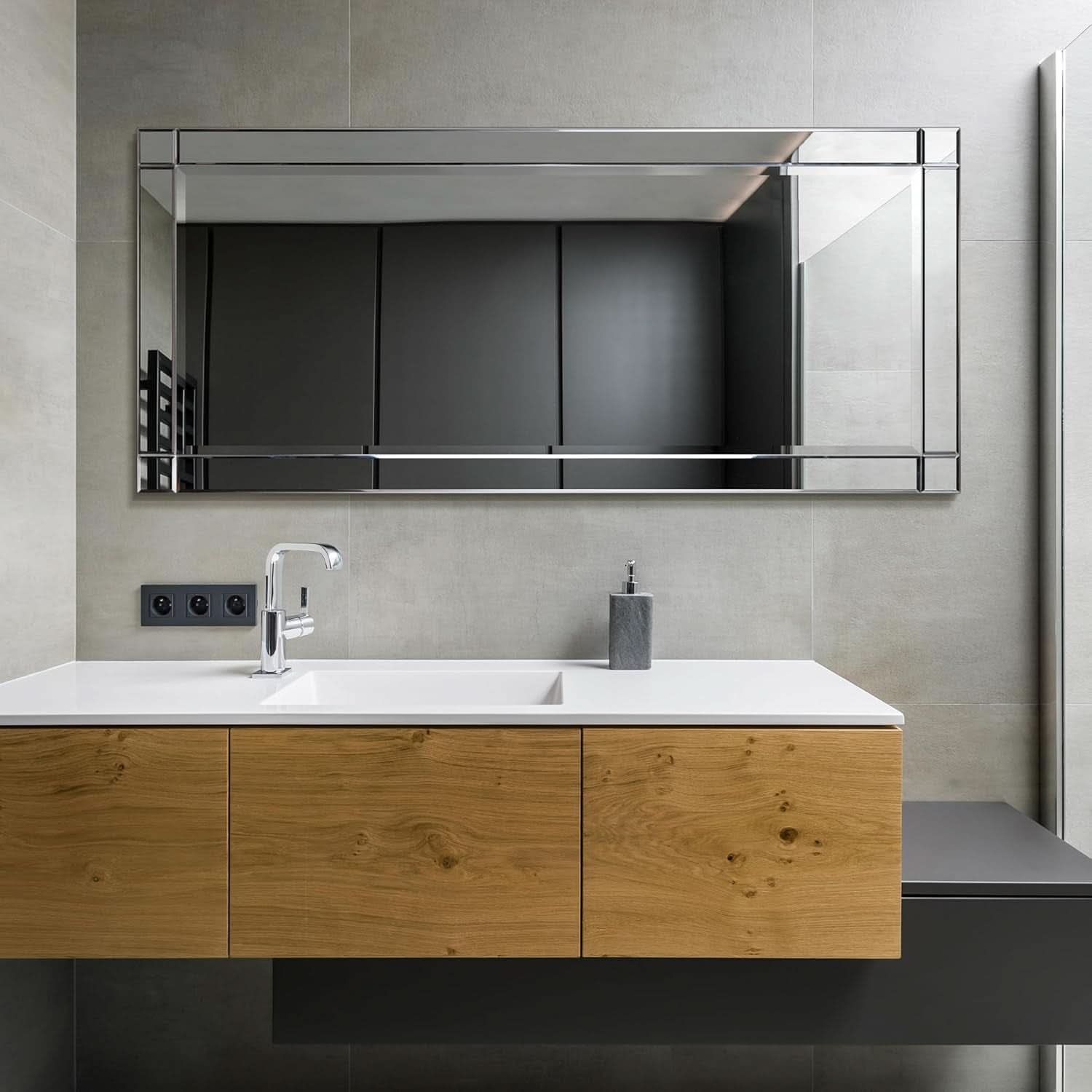 Modern Squared Corner Rectangle Wood Wall Mirror 24 x 54