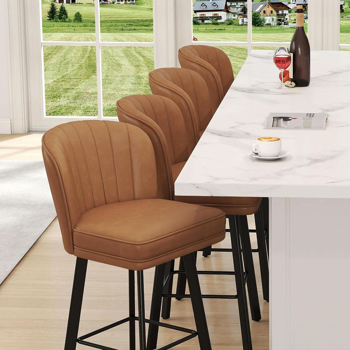 Modern Swivel Bar Stools Set of Four Upholstered Chairs