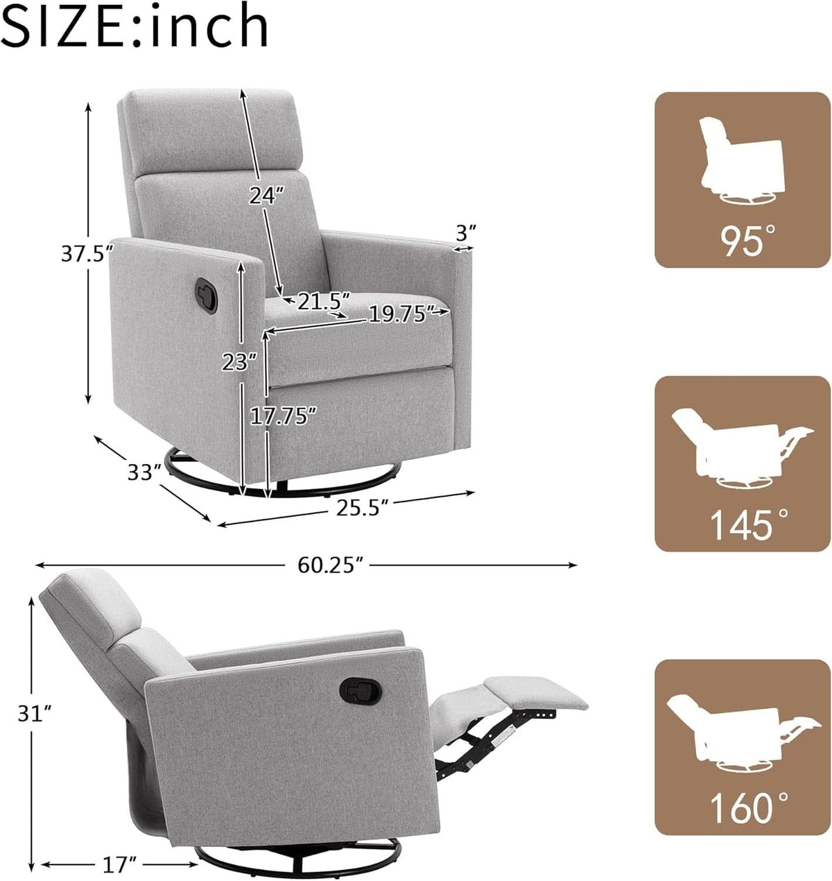 Modern Upholstered Swivel Recliner Chair Glider Gray
