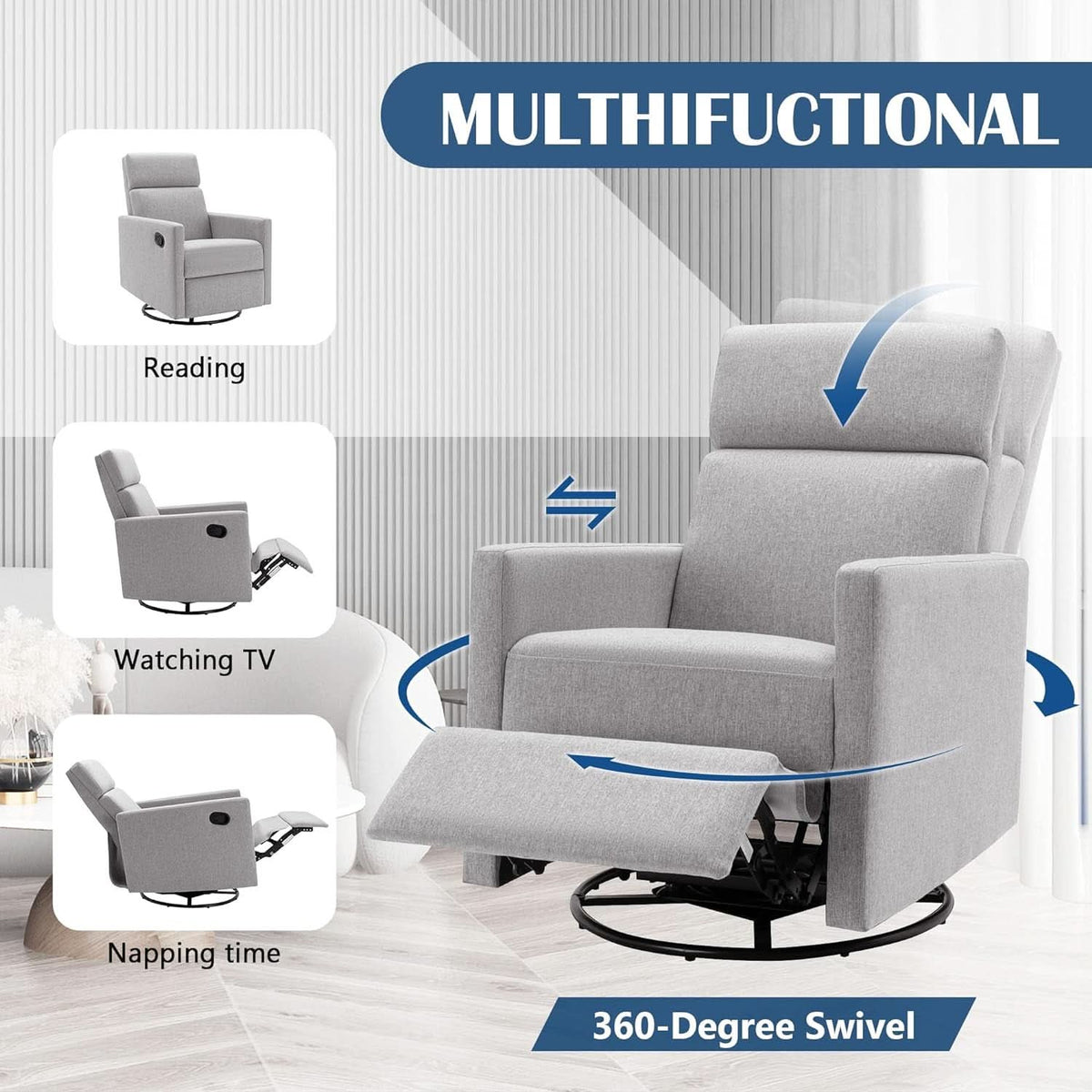 Modern Upholstered Swivel Recliner Chair Glider Gray