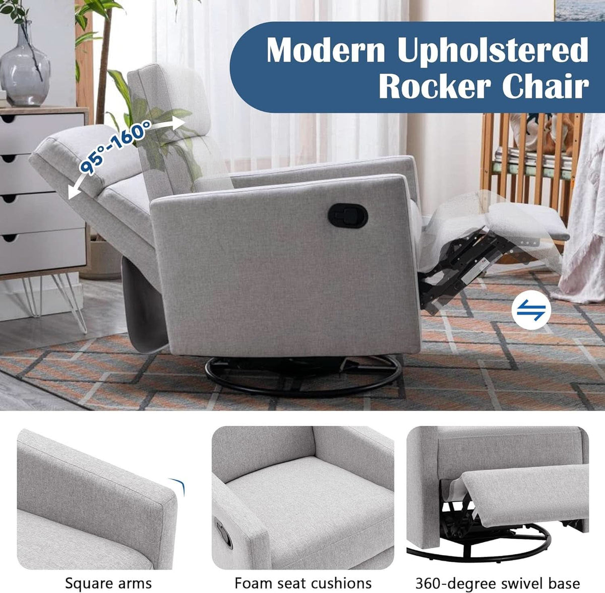 Modern Upholstered Swivel Recliner Chair Glider Gray