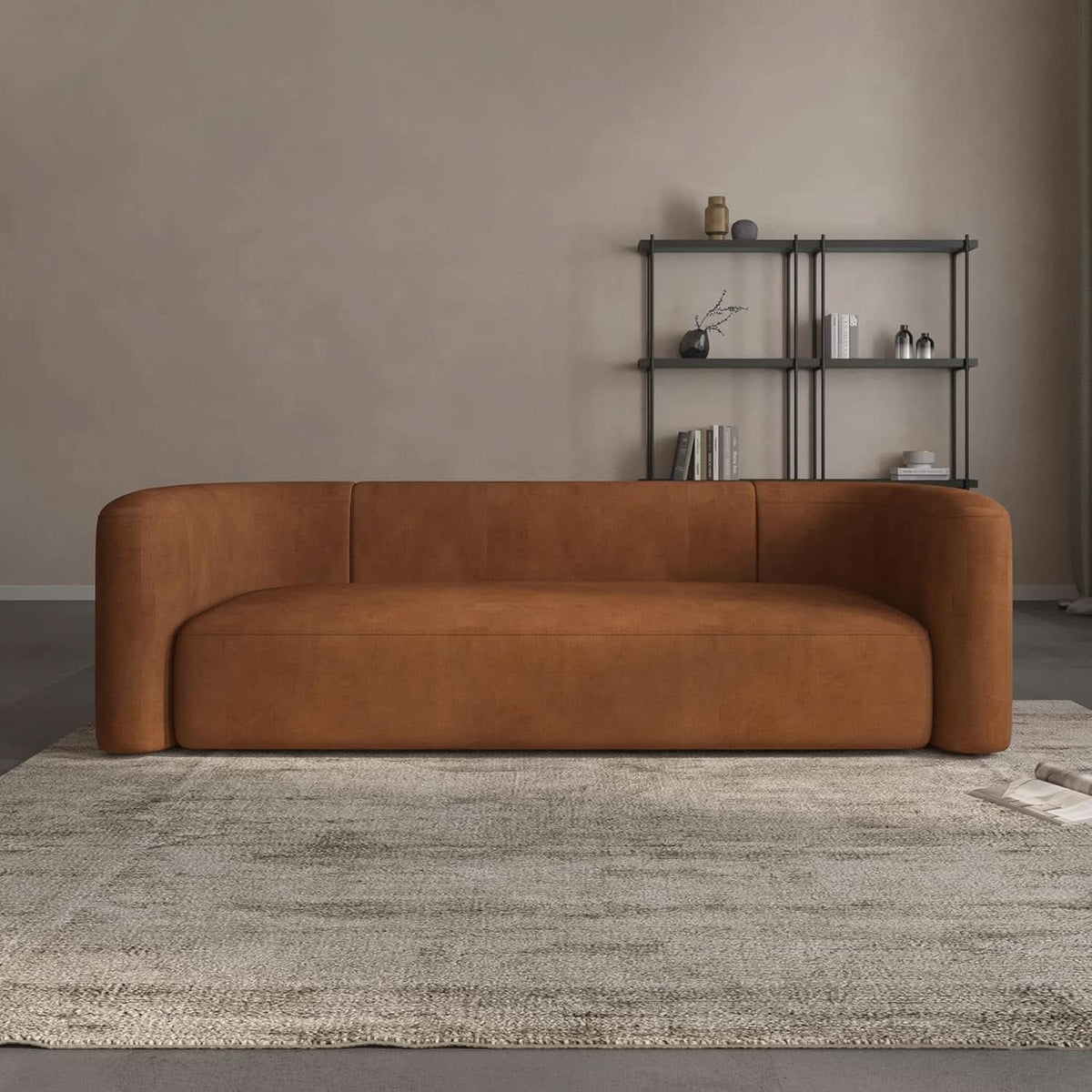 Modern Velvet 3-Seater Sofa in Tangerine with Curved Back Design