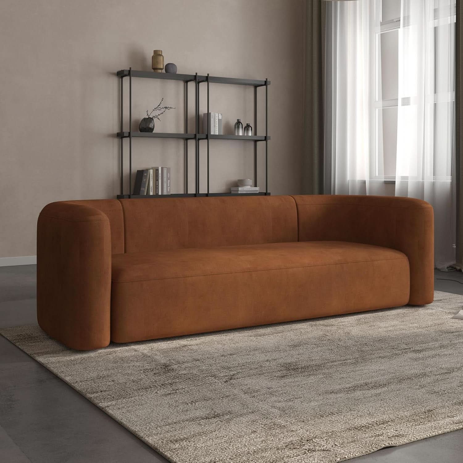 Modern Velvet 3-Seater Sofa in Tangerine with Curved Back Design