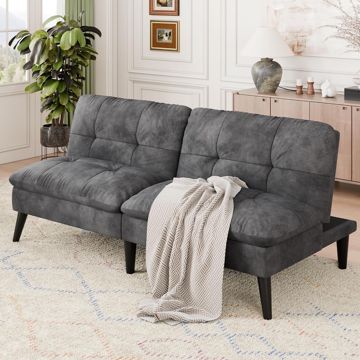 Modern Velvet Futon Sofa Bed with Adjustable Backrest