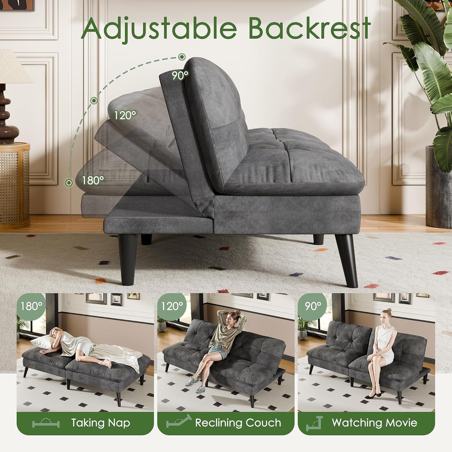 Modern Velvet Futon Sofa Bed with Adjustable Backrest