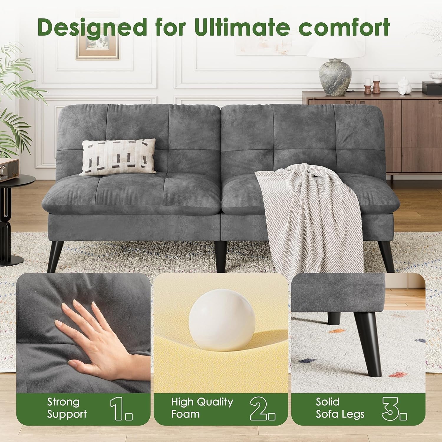 Modern Velvet Futon Sofa Bed with Adjustable Backrest