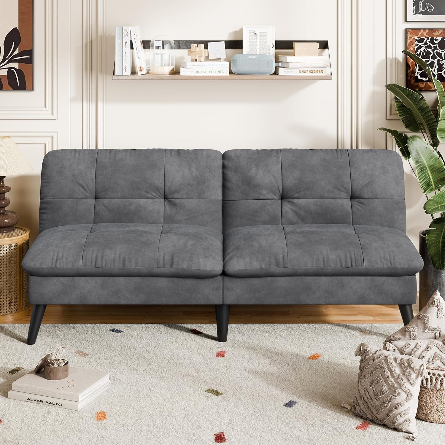 Modern Velvet Futon Sofa Bed with Adjustable Backrest