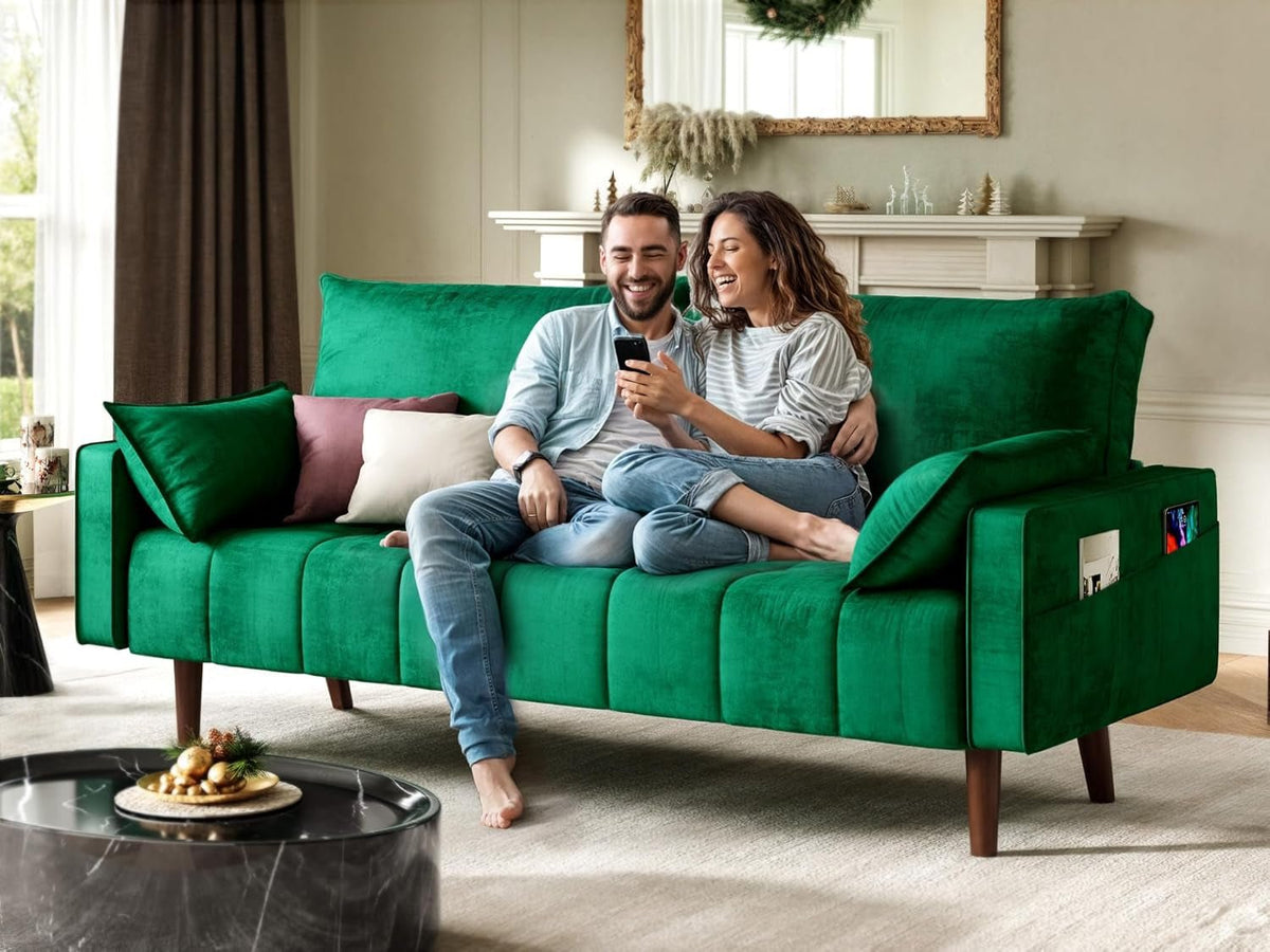 Modern Velvet Loveseat Sofa with Storage and Pillows