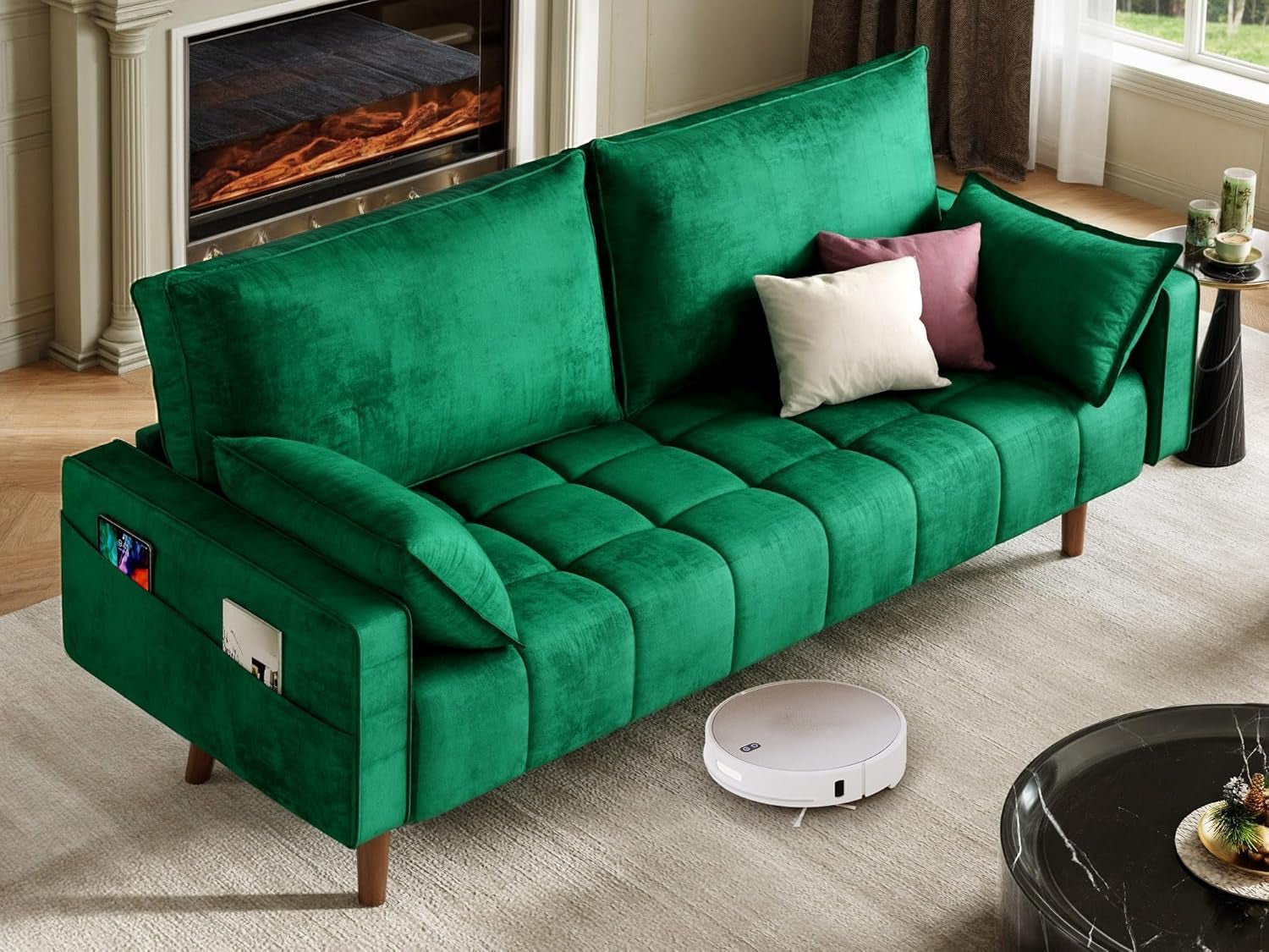 Modern Velvet Loveseat Sofa with Storage and Pillows