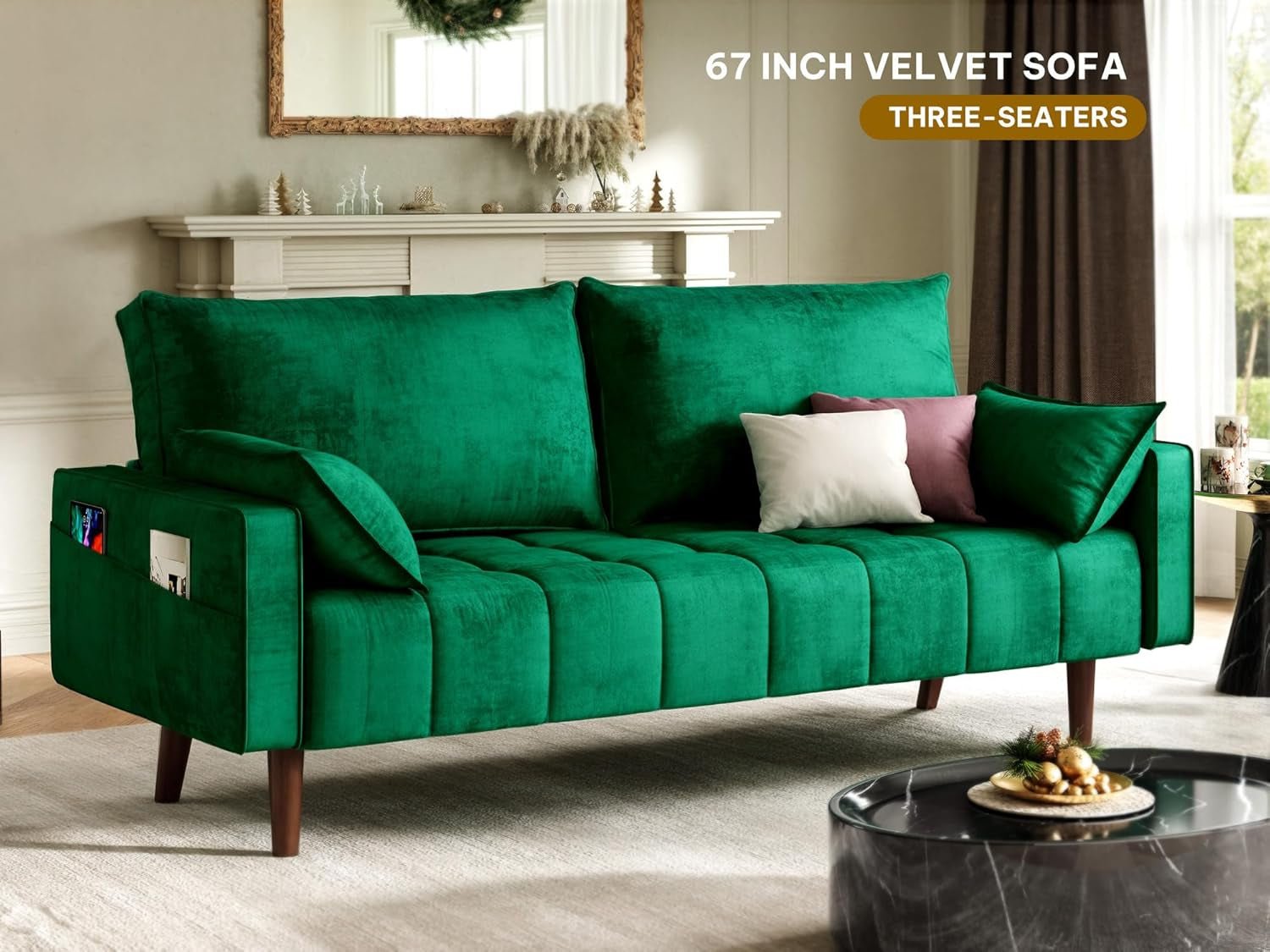Modern Velvet Loveseat Sofa with Storage and Pillows