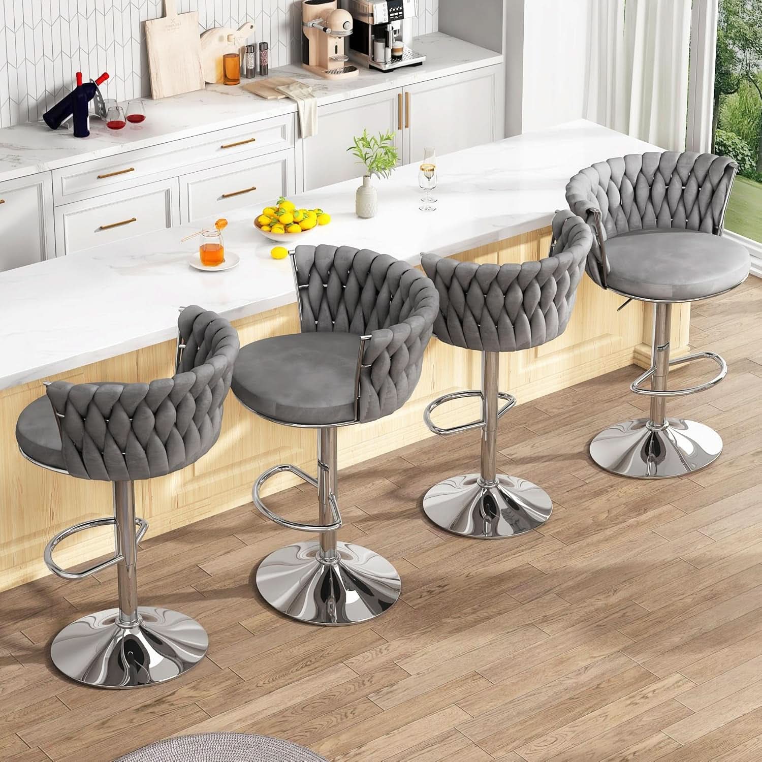 Modern Velvet Swivel Bar Stools Set of Four