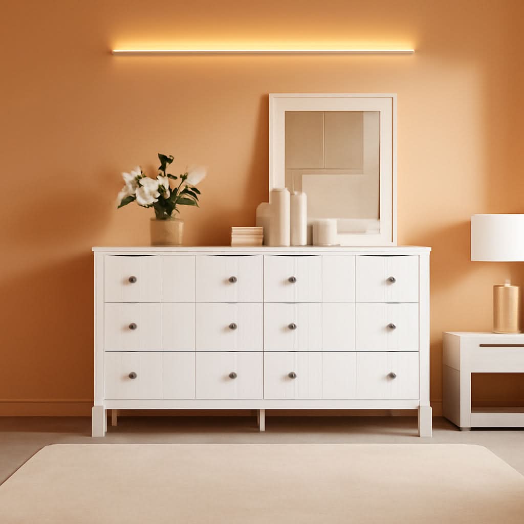 Modern White 52.4 Inch Wide 6 Drawer Dresser Chest Storage