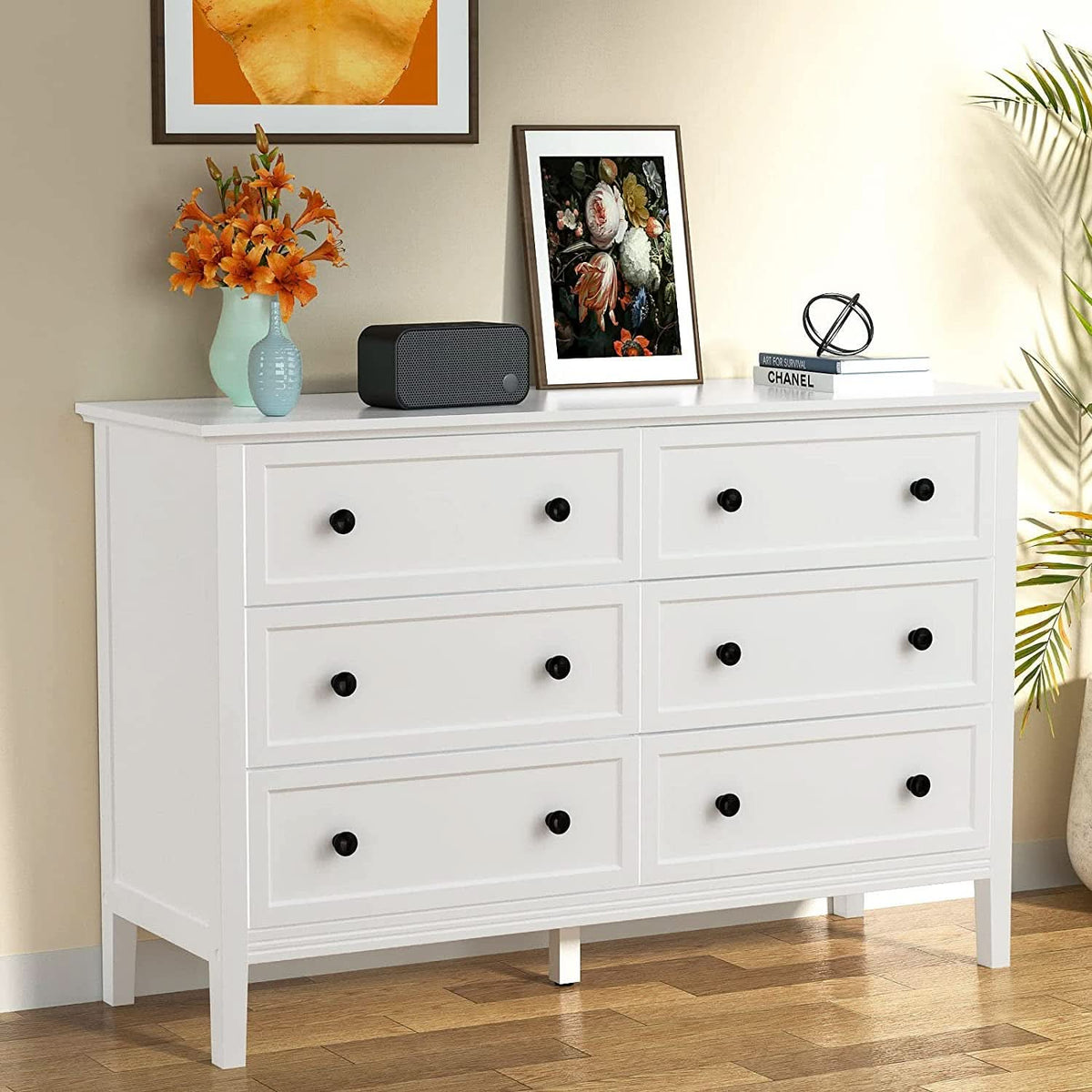 Modern White 6-Drawer Dresser With Metal Handles Bedroom