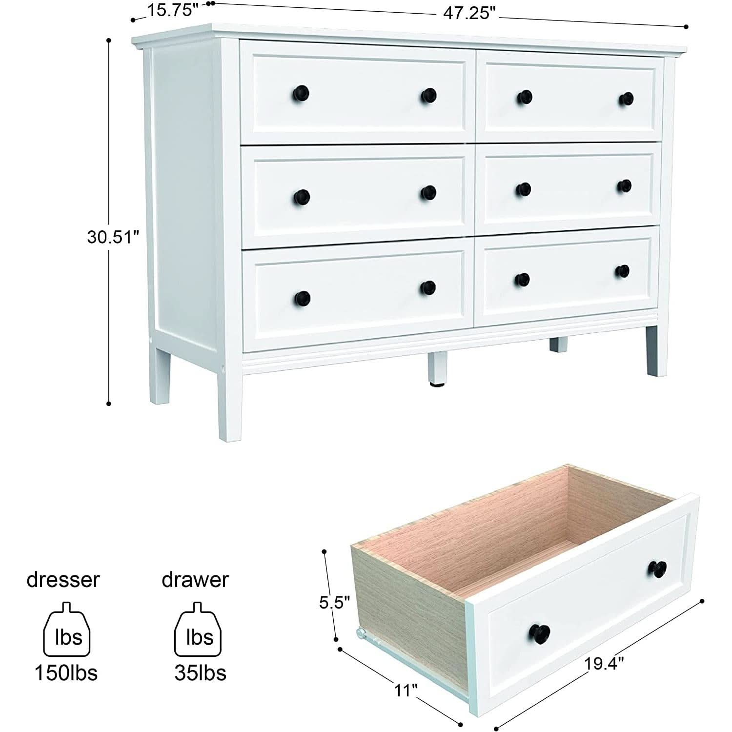Modern White 6-Drawer Dresser With Metal Handles Bedroom