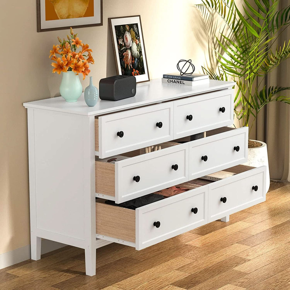 Modern White 6-Drawer Dresser With Metal Handles Bedroom