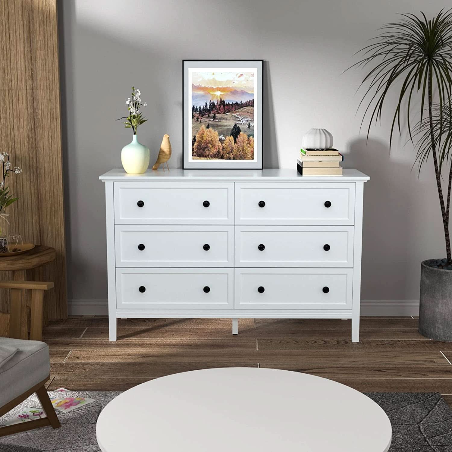 Modern White 6-Drawer Dresser With Metal Handles Bedroom