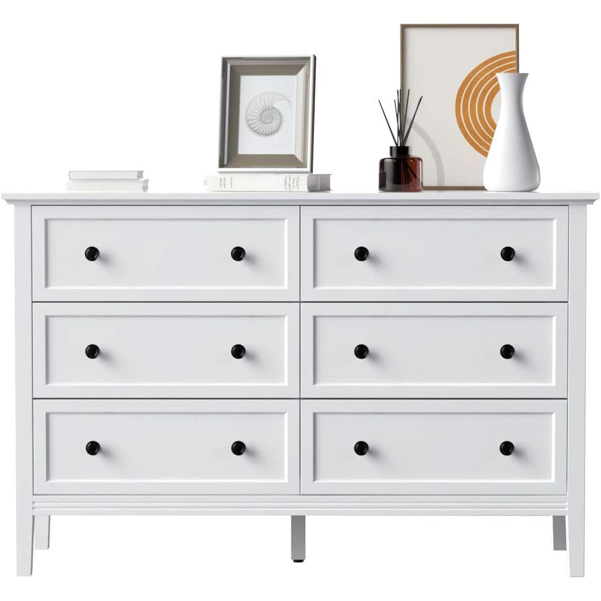 Modern White 6-Drawer Dresser With Metal Handles Bedroom