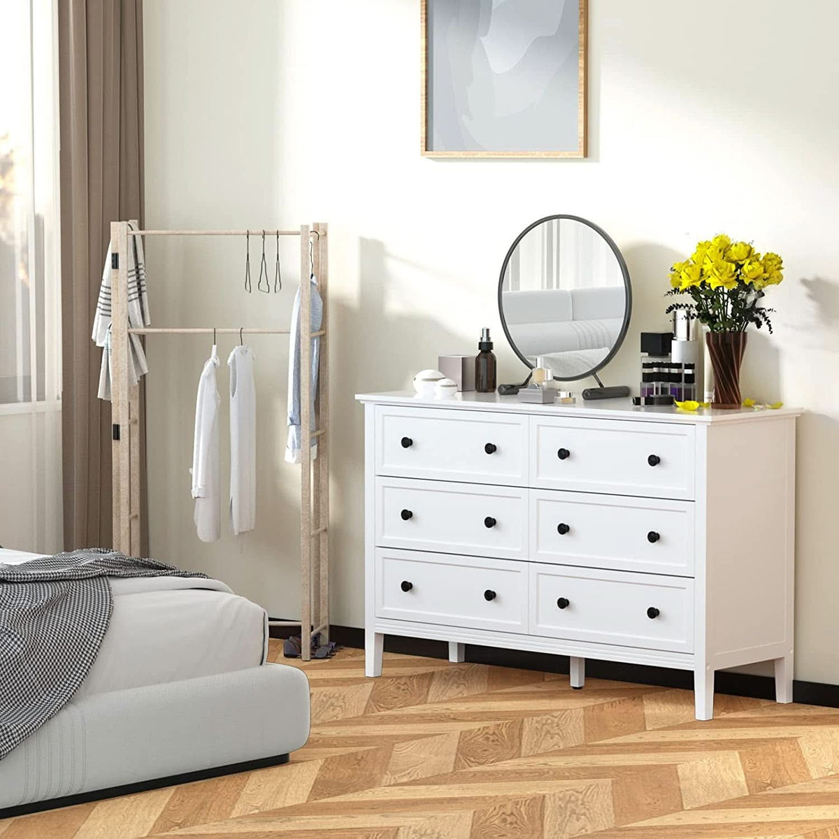 Modern White 6-Drawer Dresser With Metal Handles Bedroom