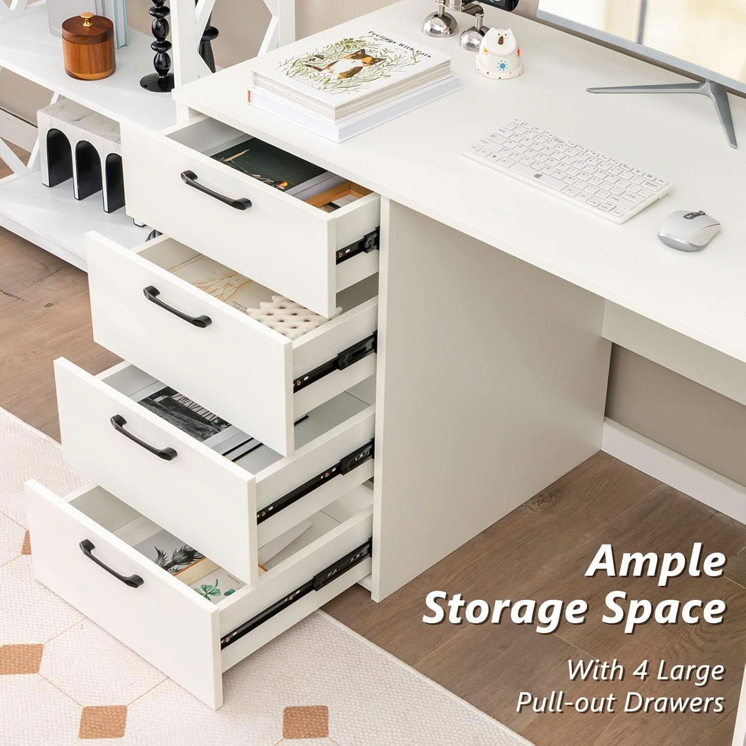Modern White Computer Desk With Four Spacious Drawers