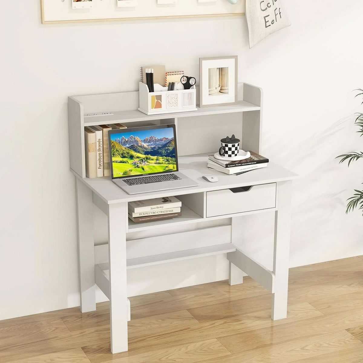 Modern White Computer Desk with Charging Ports and Storage