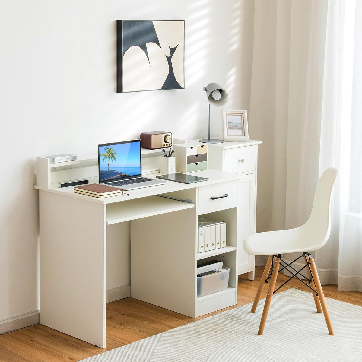 Modern White Desk with Drawer and Keyboard Tray