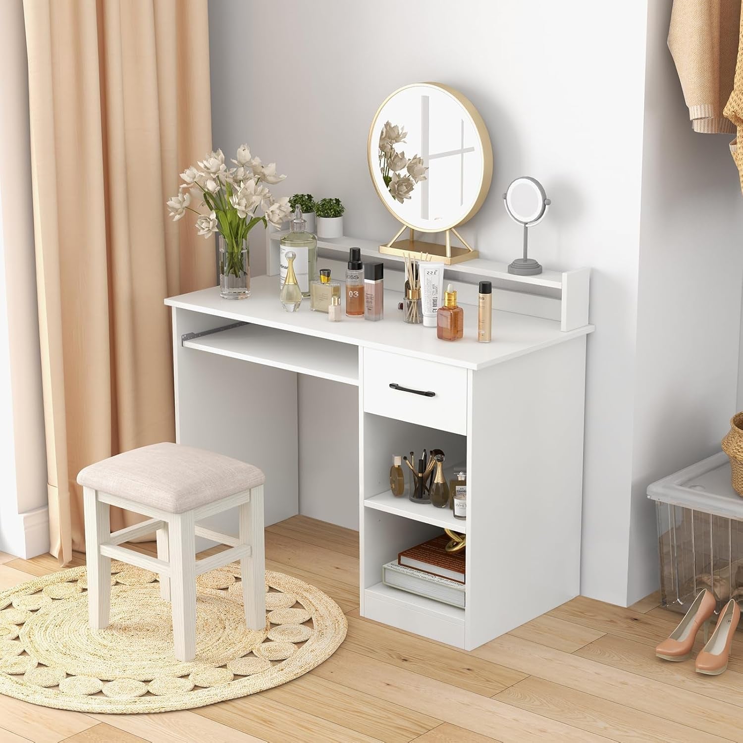 Modern White Desk with Drawer and Keyboard Tray