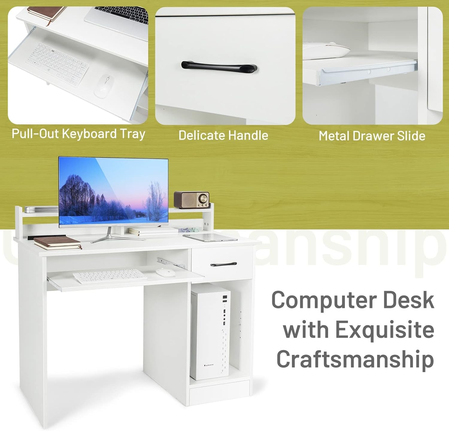 Modern White Desk with Drawer and Keyboard Tray