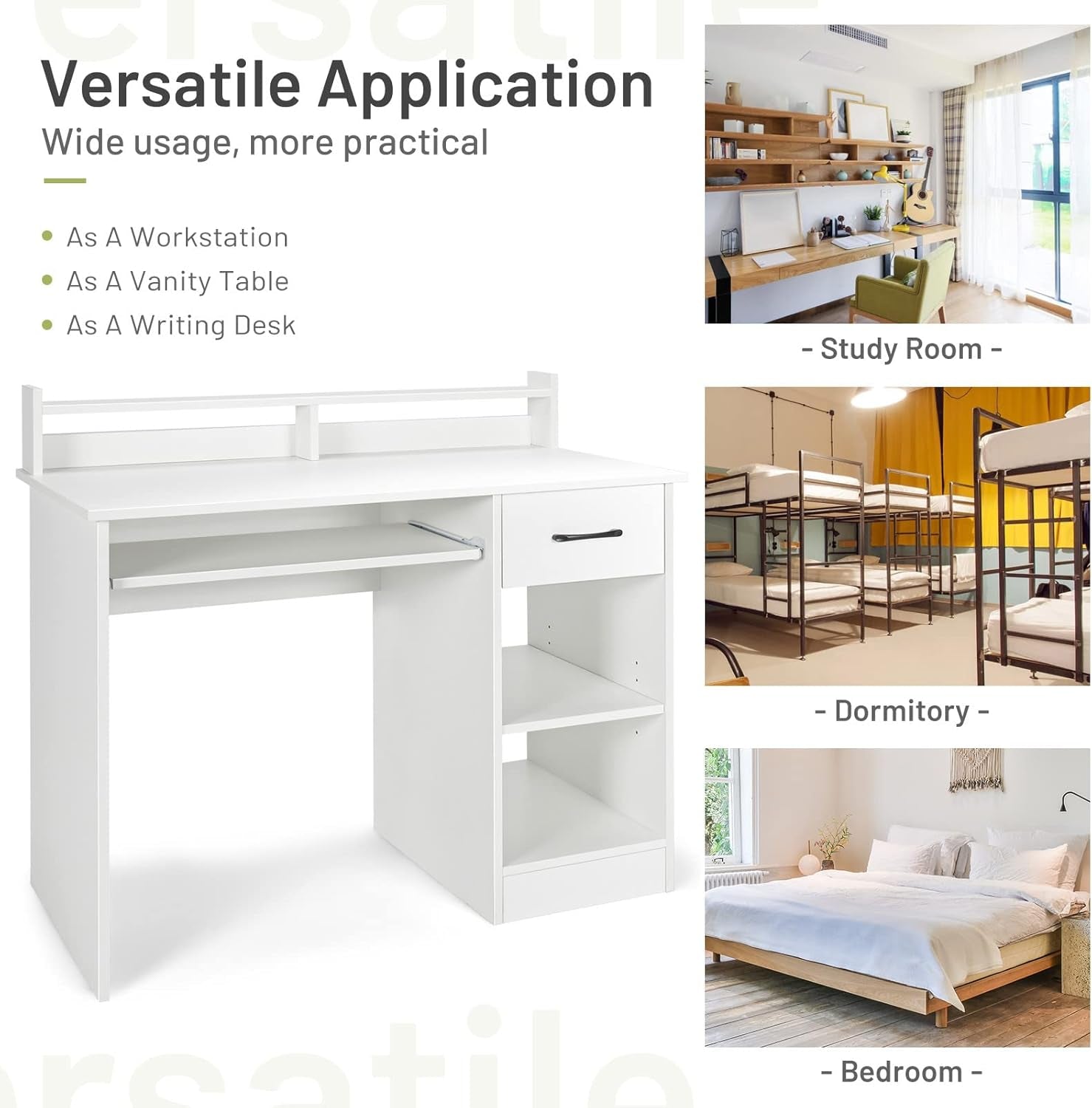 Modern White Desk with Drawer and Keyboard Tray