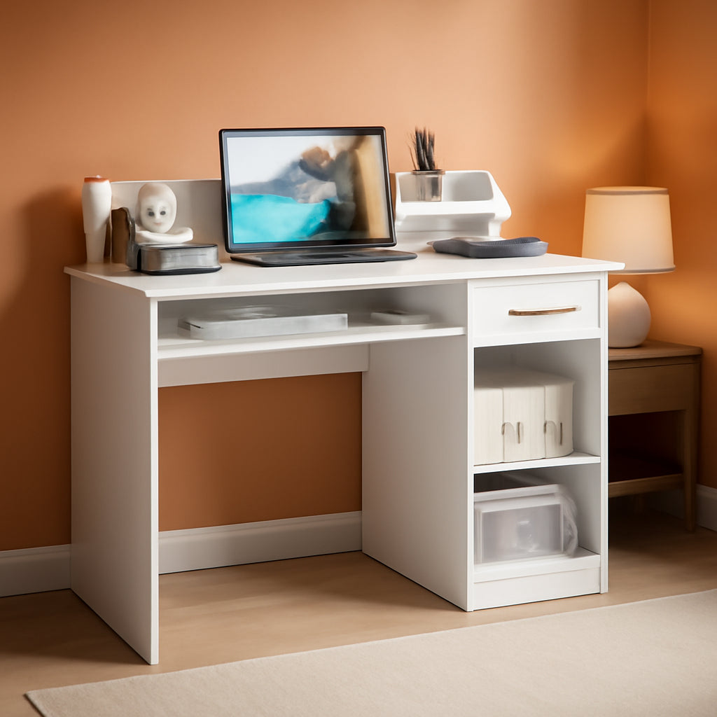 Modern White Desk with Drawer and Keyboard Tray