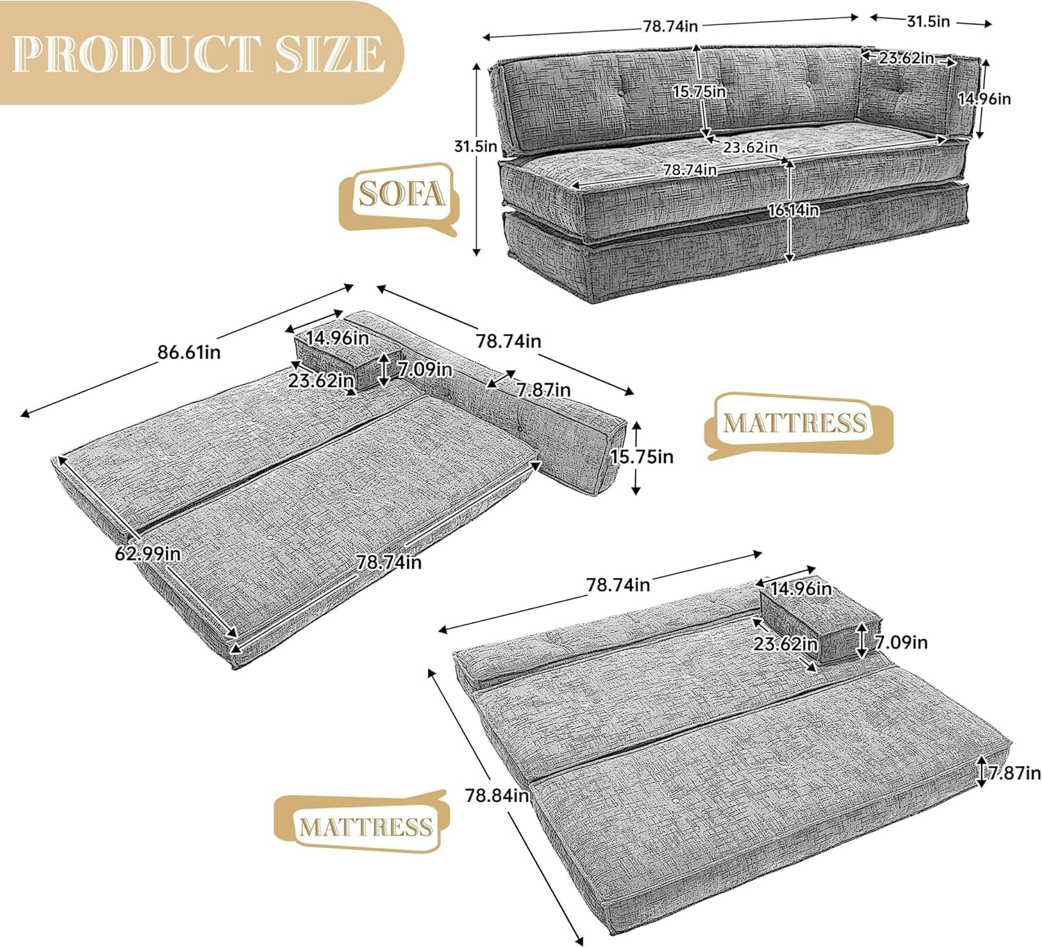 Modular Convertible Sleeper Sofa With Side Storage Bag