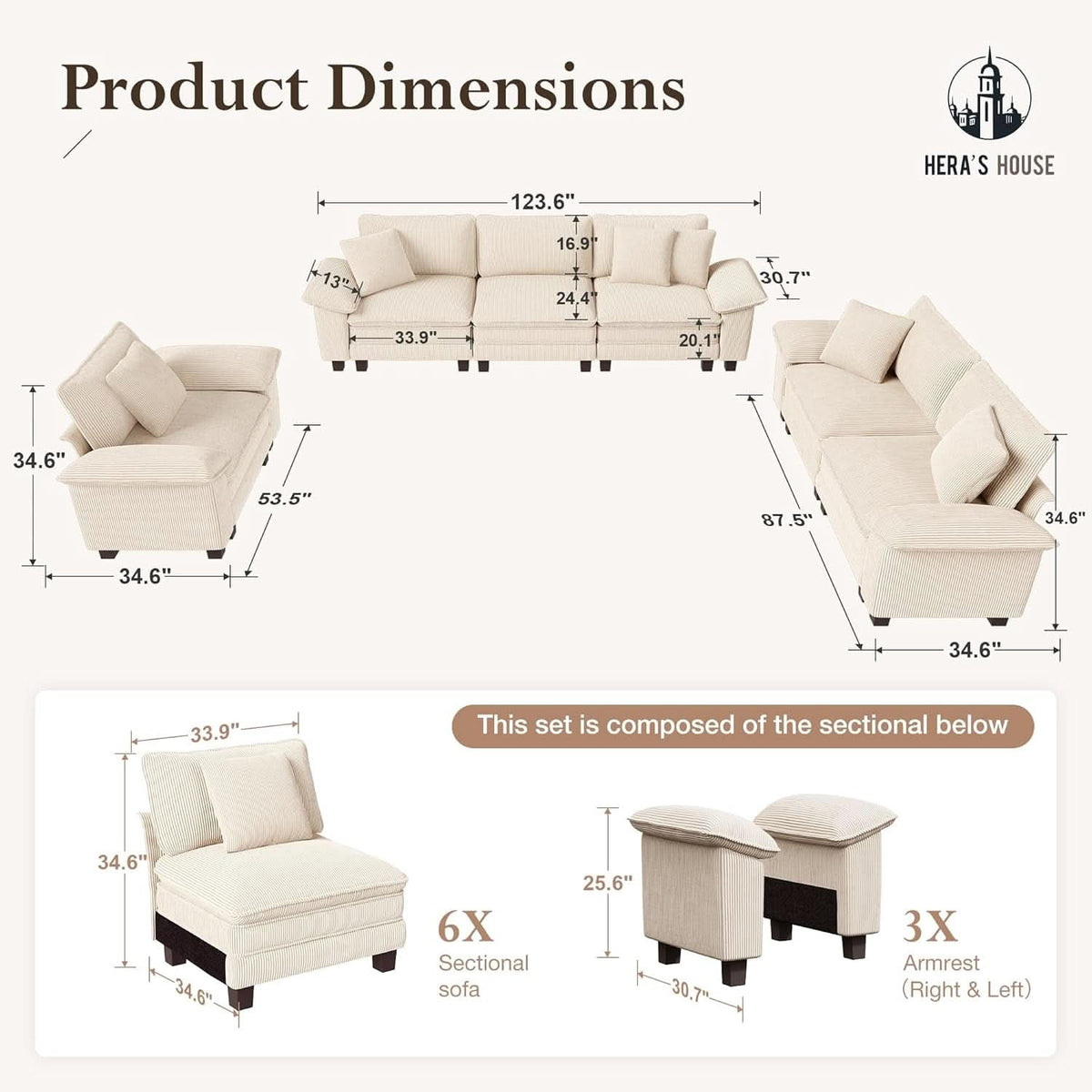 Modular Corduroy Beige Three Piece Sofa Set For Living Room