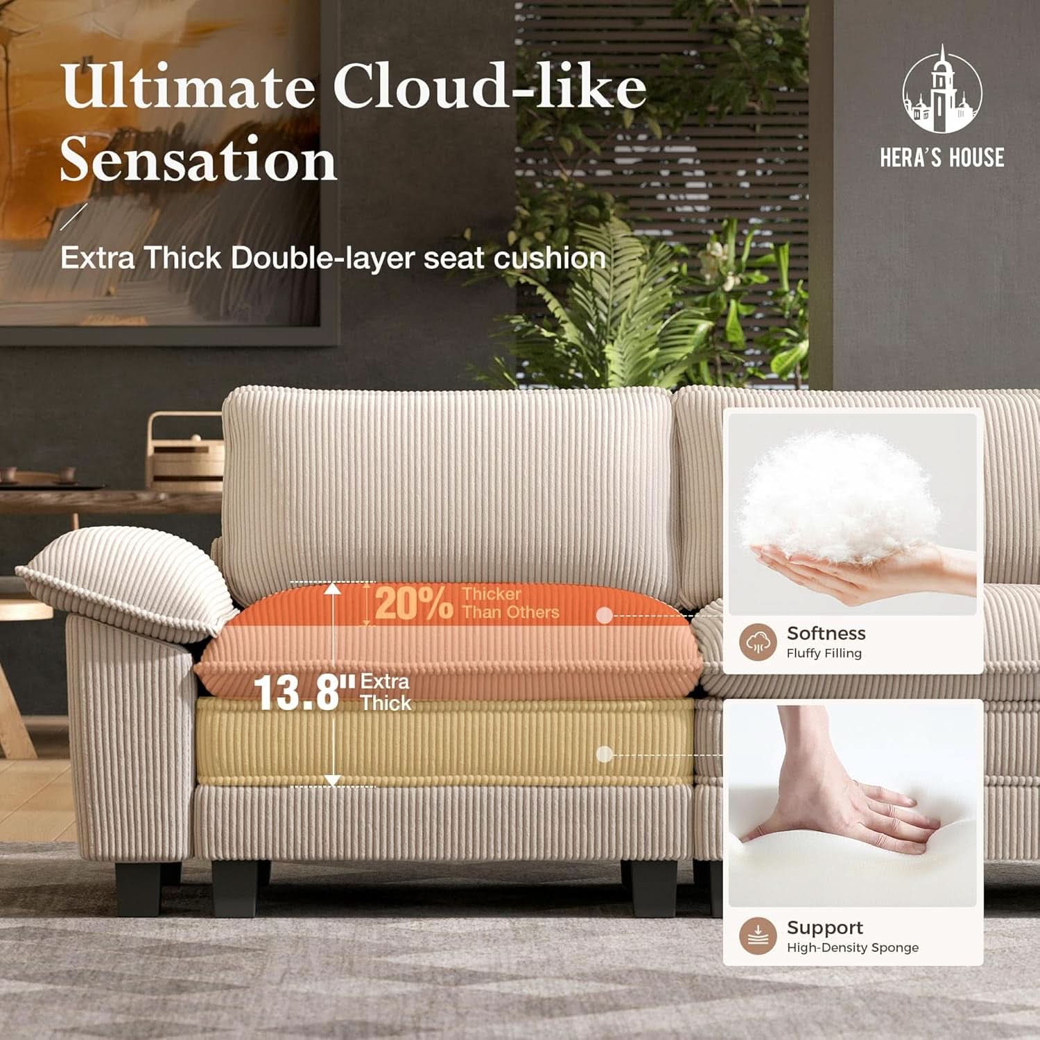 Modular Corduroy Beige Three Piece Sofa Set For Living Room