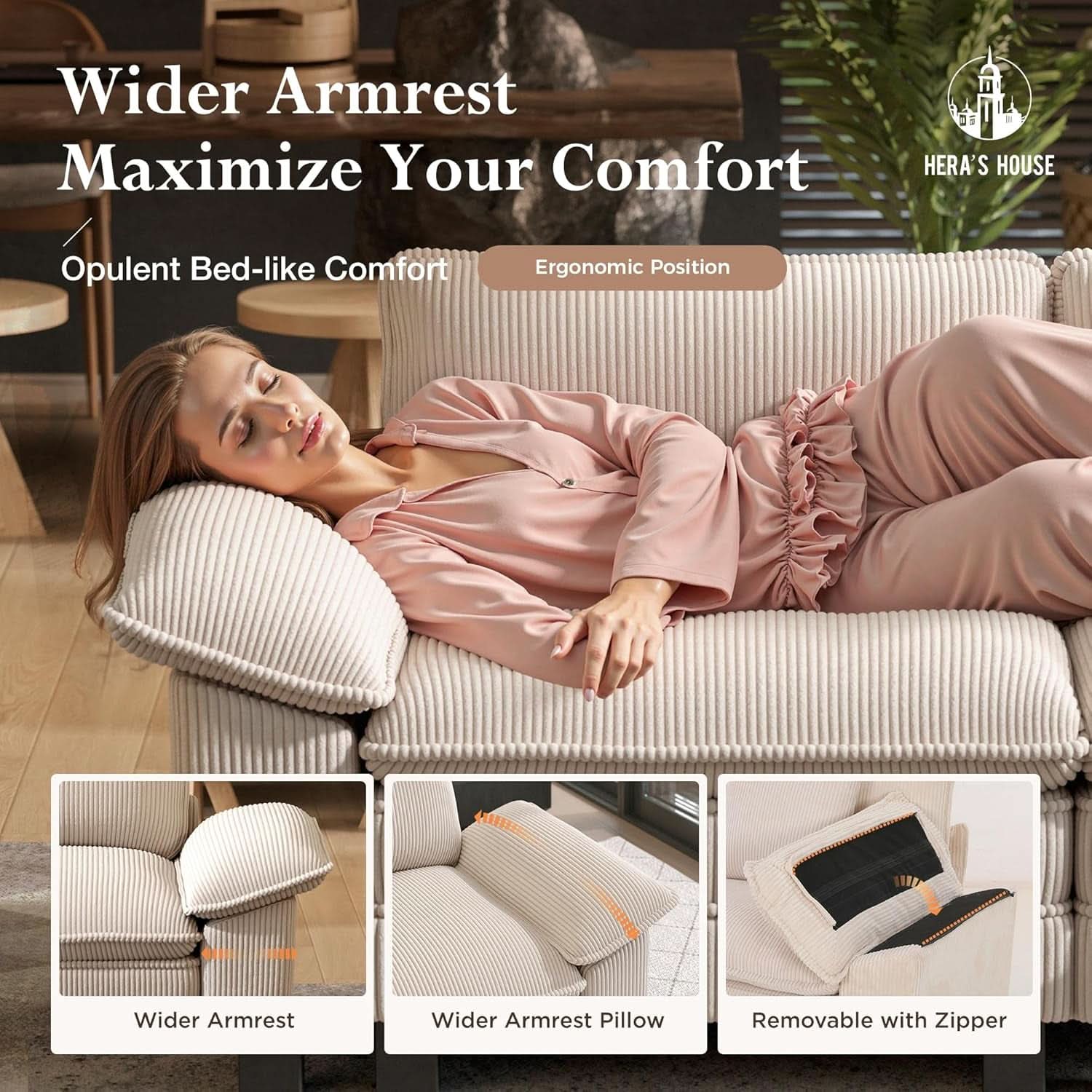 Modular Corduroy Beige Three Piece Sofa Set For Living Room